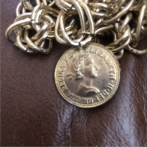 Vtg 1967 Queen Elizabeth Half Penny Coin Gold Tone Belt Golden Hind Galleon main image 11